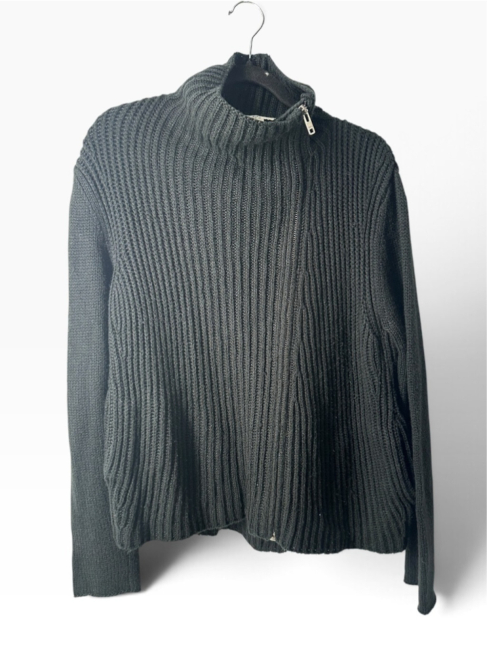Helmut Lang Black Chunky Rib Knit Asymmetrical Zip Funnel Neck Wool Mohair sz M